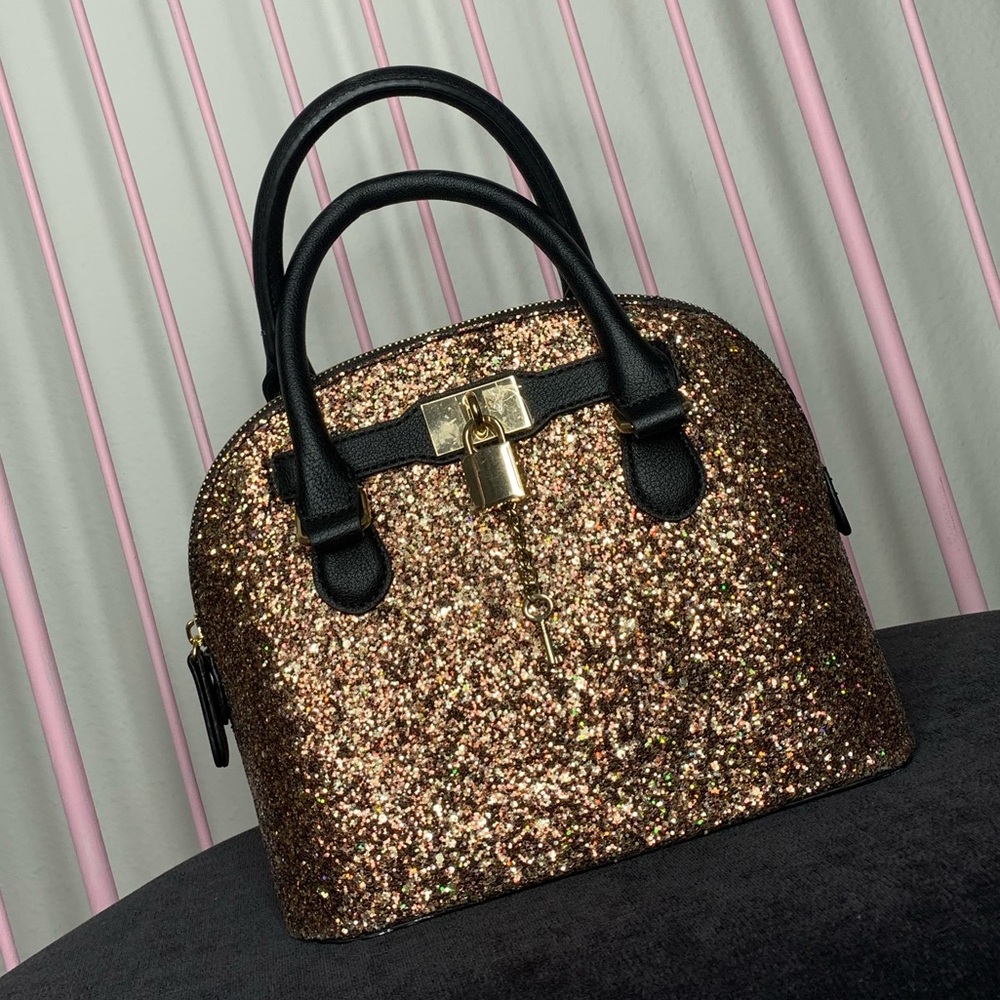 Gold Glitter Dome Satchel Handbag - Women Bags